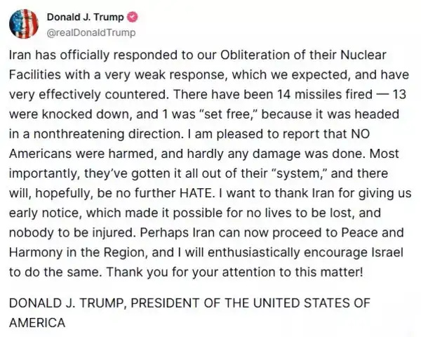 Donald Trump said both Iran and Israel can now proceed to peace after Iran attacked US base in Qatar on Monday. Donald Trump said both Iran and Israel can now proceed to peace after Iran attacked US base in Qatar on Monday.