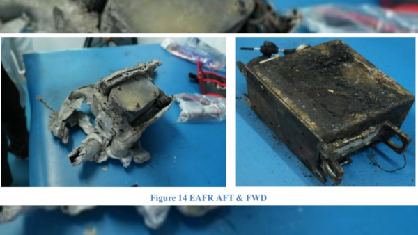 The thrust lever quadrant sustained significant thermal damage. Both thrust levers were found near the aft (idle) position. However, the EAFR data revealed that the thrust levers remained forward (takeoff thrust) until the impact. Both fuel control switch were found in the “RUN” position. (fig.13) The reverser levers were bent but were in the “stowed” position. The wiring from the TO/GA switches and autothrottle disconnect switches were visible, but heavily damaged. (Image credit: Preliminary Report AAIB) (Image credit: Preliminary Report AAIB)