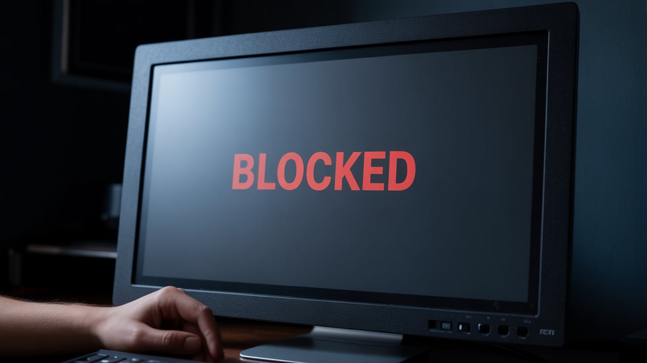 A photograph of a darkened computer screen displaying a stark white page. Centered prominently on the screen are the bold red letters "BLOCKED" in a sans-serif font. The screen reflects a subtle ambient glow from the surrounding room, highlighting the texture of the matte display. A single, out-of-focus hand rests gently on the desk beside the screen, suggesting a moment of frustration or interruption. ACMA continues to block more illegal gambling websites
