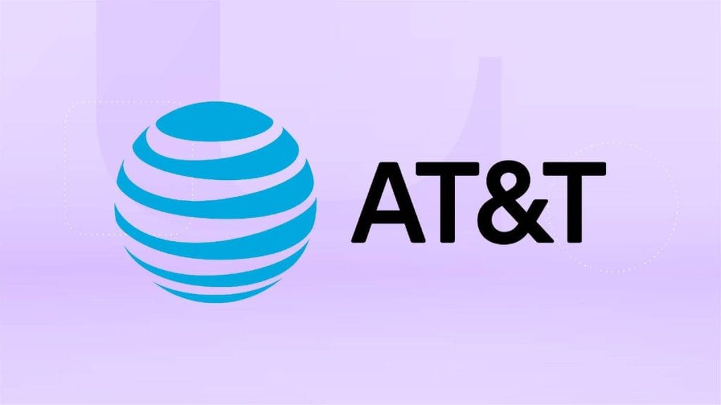 The AT&T logo against a lavender gradient CNET background.